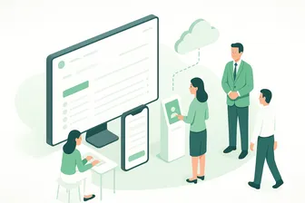 Imagen minimalista que representa la auditoría interna de registro de jornada con Inallow, mostrando datos en varias pantallas en la nube.