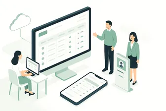 Imagen que representa la implementación de un sistema de control horario, mostrando empleados fichando y gráficos de gestión de tiempo.