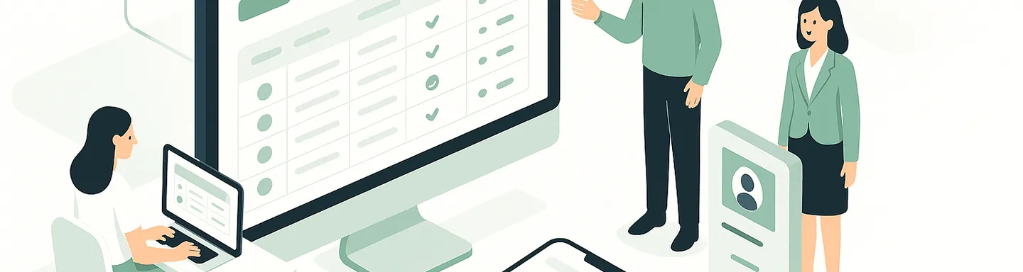 Imagen que representa la implementación de un sistema de control horario, mostrando empleados fichando y gráficos de gestión de tiempo.