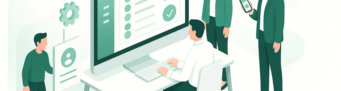 Imagen que representa el control de presencia, mostrando empleados fichando y gráficos de gestión de tiempo.